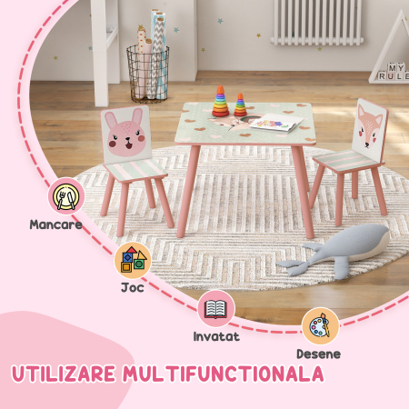  Set masa si scaun 3 piese pentru copii lemn de pin cu desene animale roz pentru scoala mobilier camera copilului birou pentru copii mici [3]