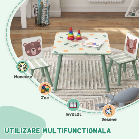  Set masa si scaun 3 piese pentru copii MDF lemn de pin desene animale verde distractie copii indemanare confortabil pentru copii model cu desene [3]