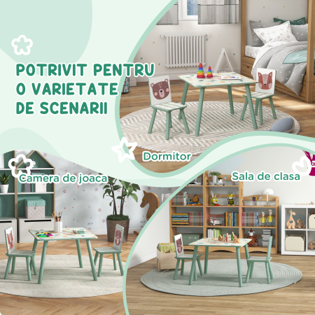  Set masa si scaun 3 piese pentru copii MDF lemn de pin desene animale verde distractie copii indemanare confortabil pentru copii model cu desene [5]