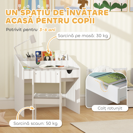  Set Masa si Scaun pentru Copii 3-6 Ani cu Organizator si Sertar Glisant, din Lemn Gri [6]