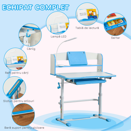  Set Masa si Scaun pentru Copii 6-12 Ani Reglabile pe inaltime si Blat inclinabil 45°, 80x54,5x82-104 cm, Albastru [4]