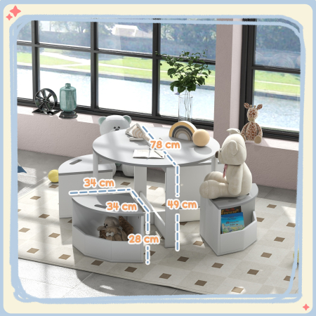  Set Masa si Scaun pentru Copii, Masa si Scaune pentru Copii din 5 Piese cu Depozitare, pentru Clasa, Cresa, Gradinita, 78x78x49 cm, Gri [2]