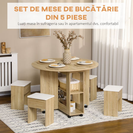  Set Masa si Scaune 5 Piese din PAL, Masa Rotunda cu 2 Rafturi Deschise si 4 Taburete Moderne [3]
