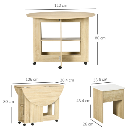  Set Masa si Scaune 5 Piese din PAL, Masa Rotunda cu 2 Rafturi Deschise si 4 Taburete Moderne [2]