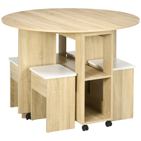 Bucatarie -  Set Masa si Scaune 5 Piese din PAL, Masa Rotunda cu 2 Rafturi Deschise si 4 Taburete Moderne
