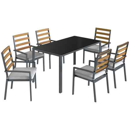 Gradina & balcon -  Set Masa si Scaune de Gradina 7 Piese, Set pentru Pranz in Aer Liber cu Masa Dreptunghiulara din Sticla Securizata, 6 Scaune, Perne, Cadru din Otel Zincat pentru Terasa Balcon, Negru