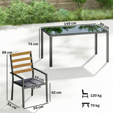  Set Masa si Scaune de Gradina 7 Piese, Set pentru Pranz in Aer Liber cu Masa Dreptunghiulara din Sticla Securizata, 6 Scaune, Perne, Cadru din Otel Zincat pentru Terasa Balcon, Negru [2]