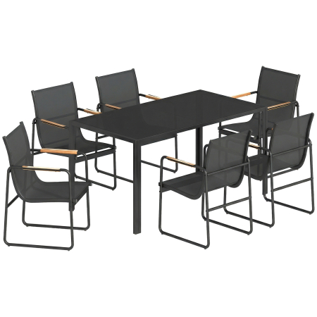 Seturi mobilier -  Set Masa si Scaune de Gradina 7 Piese, Set Pranz Exterior cu Masa din Sticla Temperata, 6 Scaune din Texteline Respirabil, Cotiere Decorative, Structura din Otel pentru Terasa Balcon, Negru