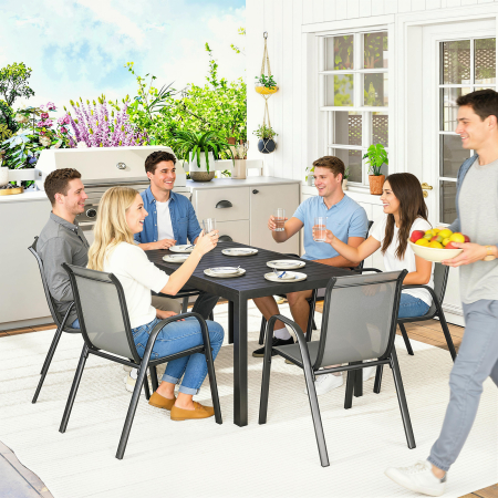  Set Masa si Scaune de Gradina 7 Piese, Set Pranz Exterior cu Masa Dreptunghiulara, 6 Scaune Stivuibile din Textilena, Set Mobilier de Gradina pentru Terasa, Balcon, Patio, Gri Deschis [8]