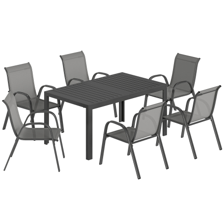 Gradina & balcon -  Set Masa si Scaune de Gradina 7 Piese, Set Pranz Exterior cu Masa Dreptunghiulara, 6 Scaune Stivuibile din Textilena, Set Mobilier de Gradina pentru Terasa, Balcon, Patio, Gri Deschis