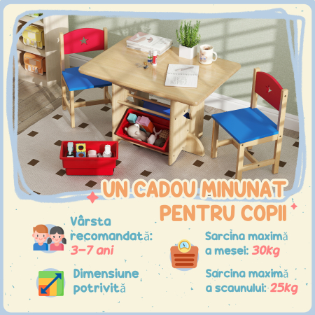  Set Masa si Scaune pentru Copii 3-7 Ani, cu 2 Scaune si 4 Compartimente de Depozitare, 77x57x50 cm, Lemn Natural [5]