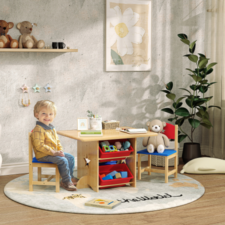  Set Masa si Scaune pentru Copii 3-7 Ani, cu 2 Scaune si 4 Compartimente de Depozitare, 77x57x50 cm, Lemn Natural [1]