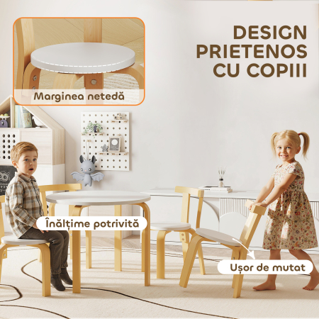  Set Masa si Scaune pentru Copii 3-8 Ani 5 piese cu Margini Rotunjite din Lemn Alb [4]
