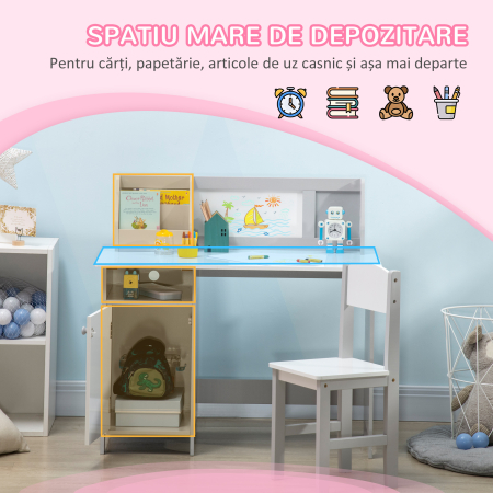  Set Masa si Scaune pentru Copii 5-8 Ani cu Spatiu de Depozitare, Tabla si Scaun, 90x45x85 cm, Roz [3]