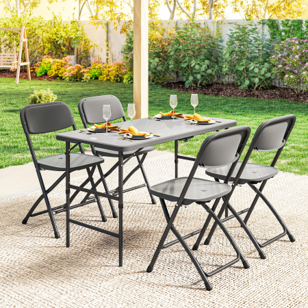  Set Masa si Scaune Pliabile de Gradina, 5 Piese, Masa Reglabila cu Blat HDPE Efect Lemn si 4 Scaune, Set Mobilier Exterior pentru Terasa si Balcon, Gri inchis [8]