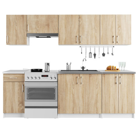 Bucatarie - Set mobila bucatarie Lima 240 cm, cu blat alb, PAL laminat, 7 corpuri, 240x45x203 cm, stejar sonoma
