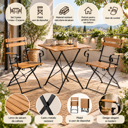 Set mobilier bistro pliabil pentru gradina, terasa si balcon, 3 piese, masa 70x70 cm si 2 scaune, structura rezistenta din otel si lemn de salcam, des [1]