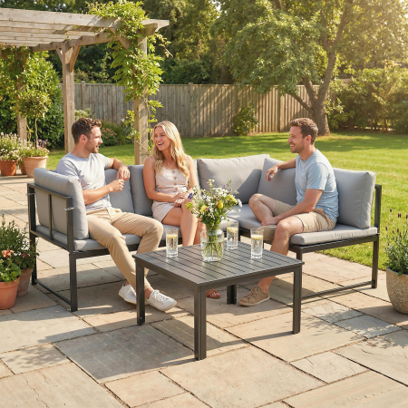  Set Mobilier de Gradina 3 Piese cu Coltar 4 Locuri si Masuta, Metal si Poliester Gri [1]