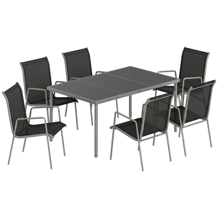 Seturi mobilier - Set mobilier de gradina , 7 piese, cu 6 scaune stivuibile din Textilena si masa cu blat din sticla, Negru si Argintiu