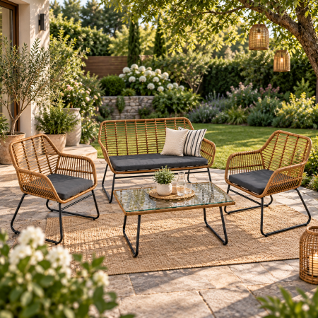 Gradina & balcon - Set mobilier de gradina 7 piese din ratan PE rezistent la intemperii, cu canapea 2 locuri, fotolii, masa si perne de sezut incluse, design modern si u