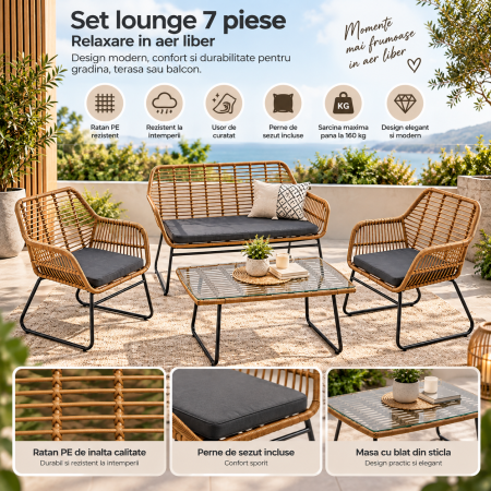 Set mobilier de gradina 7 piese din ratan PE rezistent la intemperii, cu canapea 2 locuri, fotolii, masa si perne de sezut incluse, design modern si u [2]