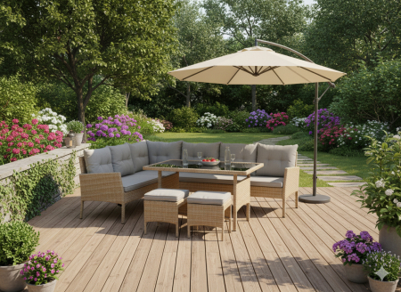 Set mobilier de gradina Berno coltar cu perne, 2 tabureti si masa, cadru otel si ratan sintetic, blat sticla securizata, bej [5]