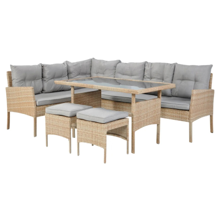 Set mobilier de gradina Berno coltar cu perne, 2 tabureti si masa, cadru otel si ratan sintetic, blat sticla securizata, bej [1]