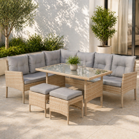 Mobilier gradina si terasa - Set mobilier de gradina Berno coltar cu perne, 2 tabureti si masa, cadru otel si ratan sintetic, blat sticla securizata, bej