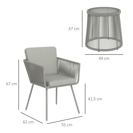 Set Mobilier de Gradina cu 2 Scaune si Masuta de Cafea cu Blat din Sticla, Ø49x47 cm, Gri [2]