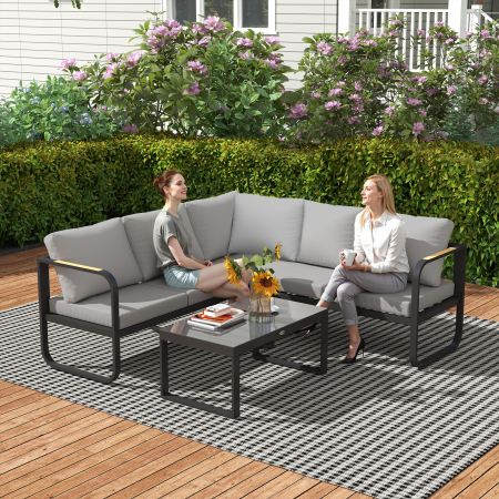  Set Mobilier de Gradina cu Canapea cu 3 Locuri, Canapea cu 2 Locuri si Masuta de Cafea, 180x60x64 cm, Gri [1]