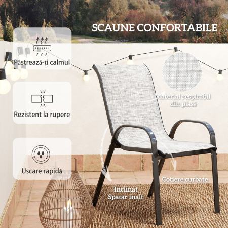  Set Mobilier de Gradina din 3 Piese cu Scaune Suprapozabile si Masa din Sticla, 54x71x93 cm, Gri inchis [5]