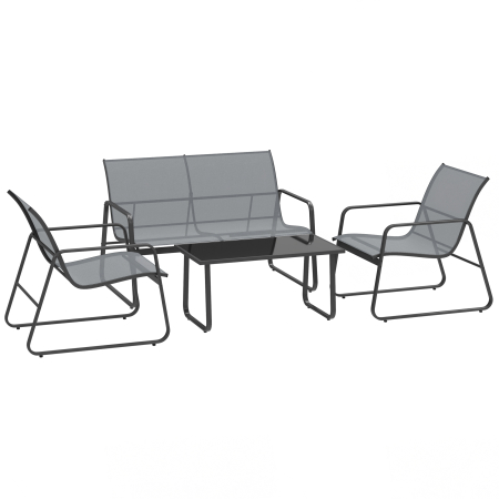 Gradina & balcon -  Set Mobilier de Gradina din 4 Piese, cu Banca de Exterior cu 2 Locuri, 2 Scaune si Masuta de Cafea cu Blat din Sticla Securizata, Set Mobilier de Exterior din Metal si Textilena, Gri Deschis