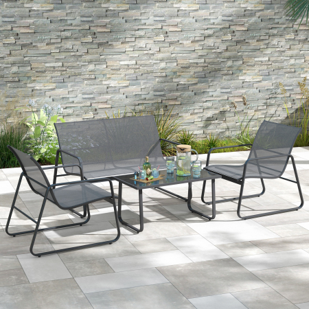  Set Mobilier de Gradina din 4 Piese, cu Banca de Exterior cu 2 Locuri, 2 Scaune si Masuta de Cafea cu Blat din Sticla Securizata, Set Mobilier de Exterior din Metal si Textilena, Gri Deschis [6]