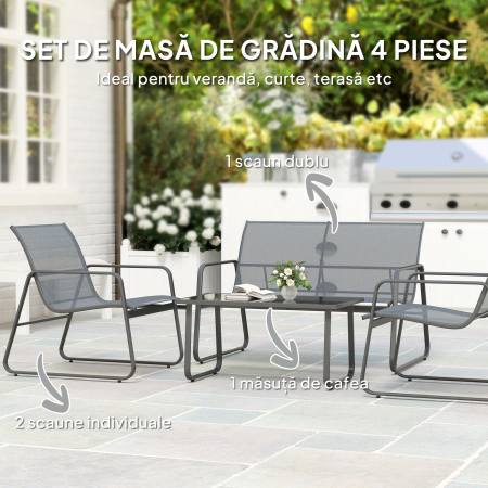  Set Mobilier de Gradina din 4 Piese, cu Banca de Exterior cu 2 Locuri, 2 Scaune si Masuta de Cafea cu Blat din Sticla Securizata, Set Mobilier de Exterior din Metal si Textilena, Gri Deschis [3]