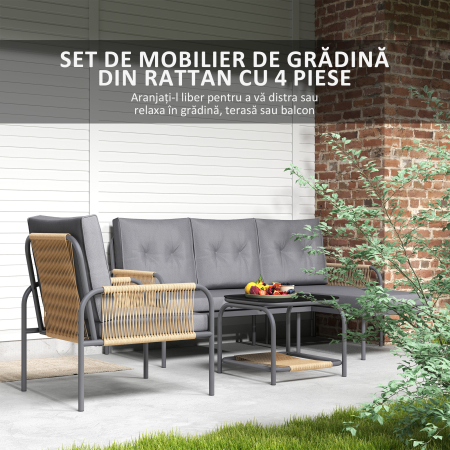  Set Mobilier de Gradina din 4 Piese cu Canapea, Fotoliu, sezlong si Masuta, 64x70x78 cm, Gri inchis [3]