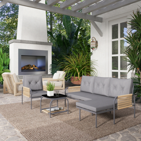  Set Mobilier de Gradina din 4 Piese cu Canapea, Fotoliu, sezlong si Masuta, 64x70x78 cm, Gri inchis [7]