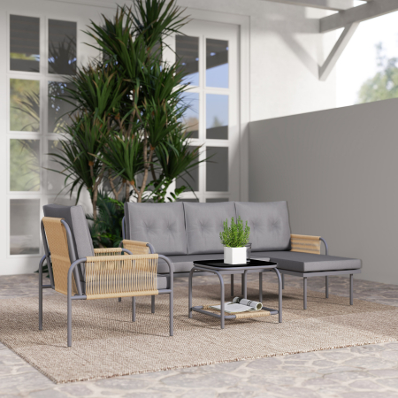  Set Mobilier de Gradina din 4 Piese cu Canapea, Fotoliu, sezlong si Masuta, 64x70x78 cm, Gri inchis [8]