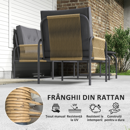  Set Mobilier de Gradina din 4 Piese cu Canapea, Fotoliu, sezlong si Masuta, 64x70x78 cm, Gri inchis [4]