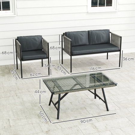  Set Mobilier de Gradina din Ratan cu 2 Fotolii, Canapea cu 2 Locuri si Masuta de Cafea din Sticla, Gri [2]