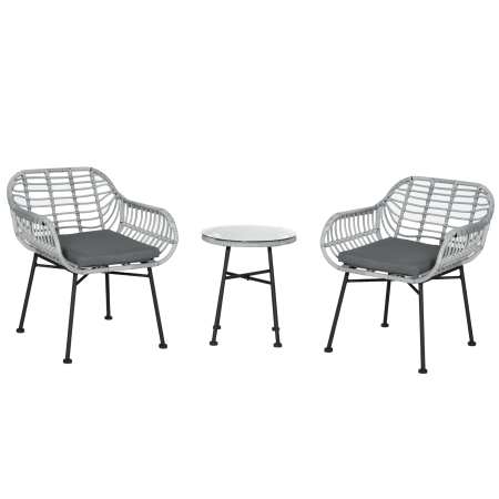 Seturi mobilier -  Set Mobilier de Gradina din Ratan PE de 3 Piese, Salon in Aer Liber cu 2 Scaune si Masa cu Blat de Sticla pentru Terasa si Bistrò, Gri