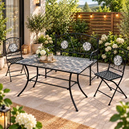 Gradina & balcon - Set mobilier de gradina Gismo, 4 piese, masa cu blat din mozaic ceramic cu aspect de piatra naturala, banca pentru 2 persoane si 2 scaune pliabile pen
