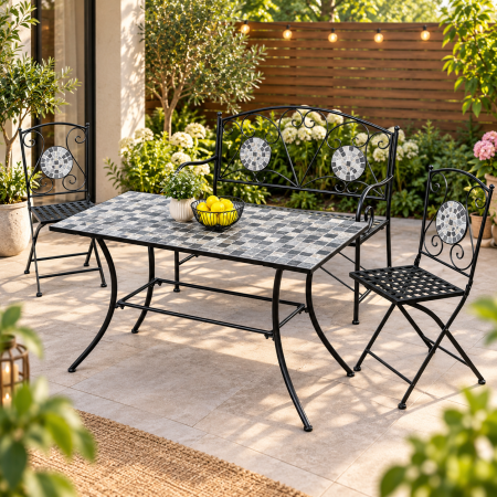 Set mobilier de gradina Gismo, 4 piese, masa cu blat din mozaic ceramic cu aspect de piatra naturala, banca pentru 2 persoane si 2 scaune pliabile pen [4]