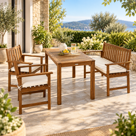 Gradina & balcon - Set mobilier de gradina pentru servirea mesei si relaxare in aer liber, 7 piese din lemn de salcam, cu masa spatioasa pentru terasa, banca si scaune c