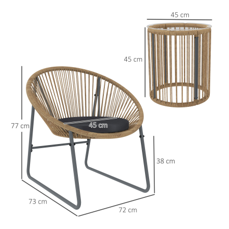  Set Mobilier din 3 Piese din Ratan pentru Gradina cu Scaune si Masuta de Cafea, 72x73x77 cm, Natural [2]