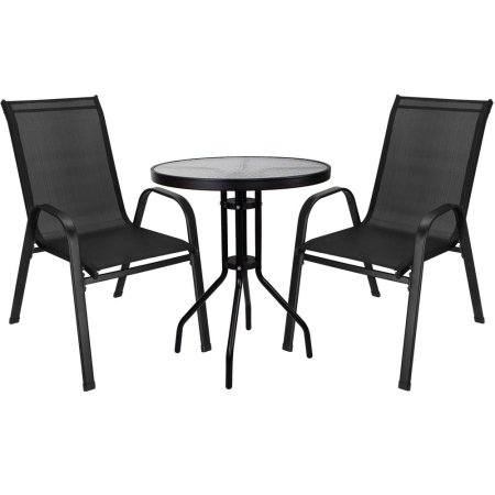 Mobilier gradina si terasa - Set mobilier gradina, 2 scaune si masa rotunda, blat sticla, cadru metalic, 60x70 cm, negru