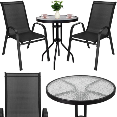 Set mobilier gradina, 2 scaune si masa rotunda, blat sticla, cadru metalic, 60x70 cm, negru [4]
