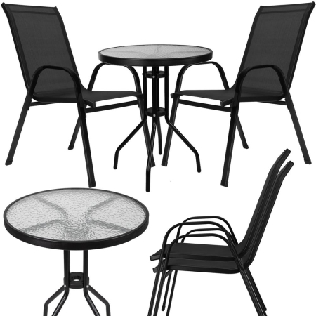 Set mobilier gradina, 2 scaune si masa rotunda, blat sticla, cadru metalic, 60x70 cm, negru [2]