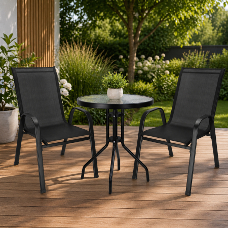 Set mobilier gradina, 2 scaune si masa rotunda, blat sticla, cadru metalic, 60x70 cm, negru [30]