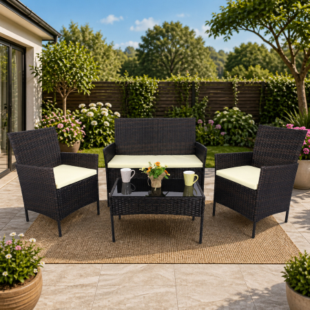 Mobilier gradina si terasa - Set mobilier gradina 4 locuri, canapea 2 locuri, 2 fotolii si masa de sticla, tehnoratan, maro si crem