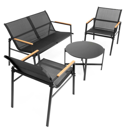 Set mobilier gradina 4 locuri, canapea 2 locuri, 2 scaune si masa rotunda sticla, cadru metalic, 119x71x82 cm, negru [1]